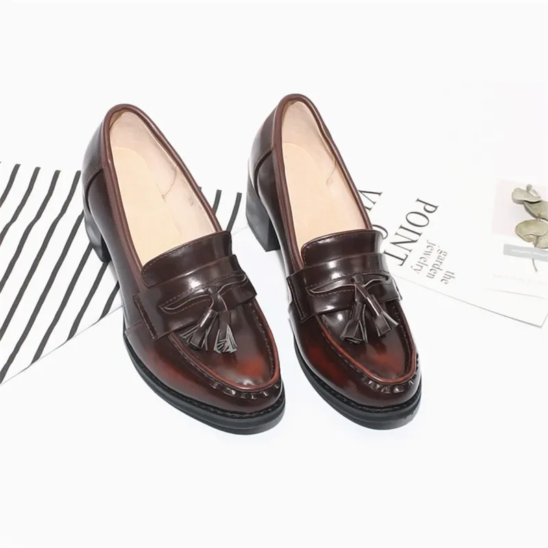 Loafer Pumps Shoes Women Vintage Genuine Leather Women's Shoes Brogues Thick High Heel British College Tassel Women Pumps Oxford (20)