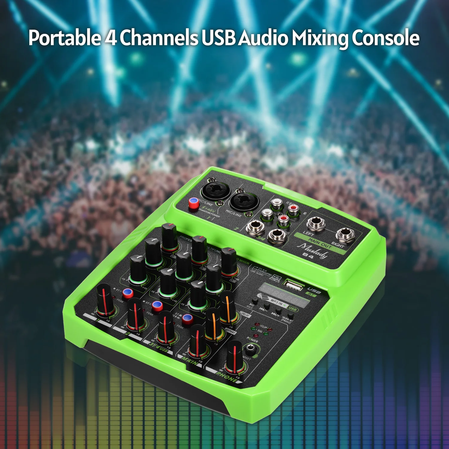 Muslady B4 Portable 4 Channels Audio Mixer USB Mixing Console Supports BT Connection with Sound Card Built-in 48V Phantom Power