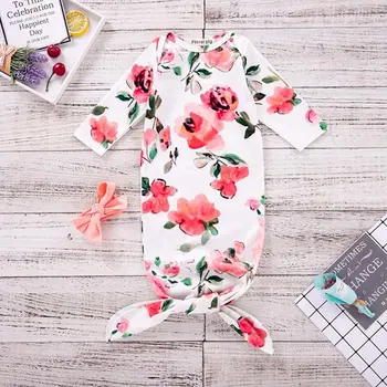 

2 Pcs/set Newborn Baby Long Sleeve Floral Wrap Cloth Headband Set Pajamas Jumpsuit Sleeping Bag