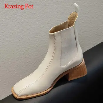 

Krazing pot stretch boots real cow leather sewing concise square toe thick high heel slip on beauty lady dress ankle boots L31