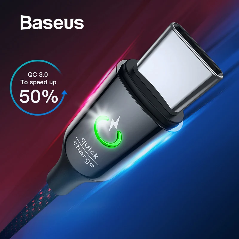 Baseus usb type-C кабель для Xiaomi Redmi Note 7 Pro Quick Charge 3,0 USB C кабель интеллектуальное отключение питания светодиодный USB кабель для Xiaomi8