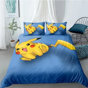 

Cute Pikachu Poke mon Anime Duvet Cover Set Bed Linen Set Doona Janpanese Game Character Cartoon Bedding Set 3PCS for Kids Girls