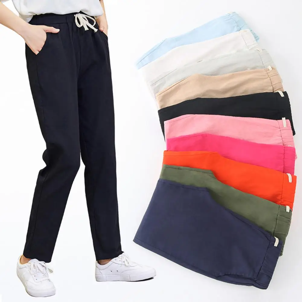 

Solid Color Women Linen Drawstring Pockets Loose Trousers Ninth Harem Pants