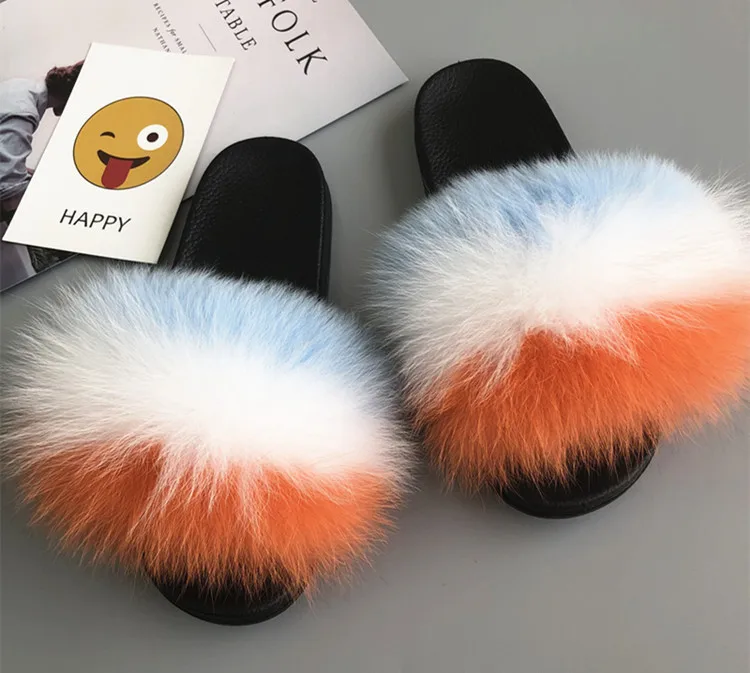 blue white orange Пушистые тапочки с натуральным лисьим мехом; женские шлепанцы на плоской подошве с мехом енота; Вьетнамки с мехом радуги; домашние тапочки; Женская милая плюшевая домашняя обувь - Цвет: blue white orange