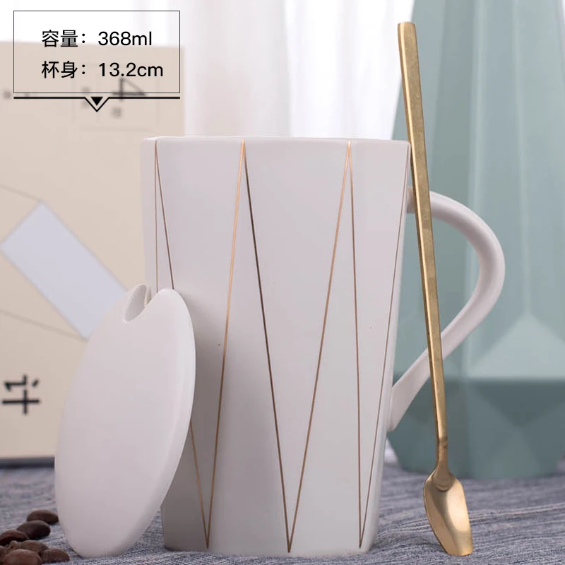 Nordic style creative trend cup couple mug personality ceramic cup with lid spoon household coffee cup teacup best gift - Color: A white