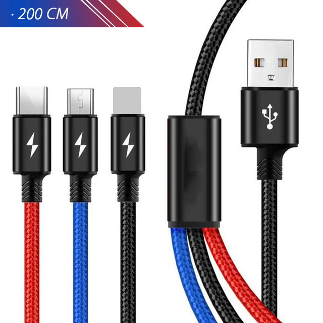 200CM 3 в 1 мульти кабель зарядного устройства микро-usb для huawei P30 Pro Lite Redmi GO универсальный Несколько usb Тип Tipe C кабель длинный короткий шнур - Цвет: 200CM