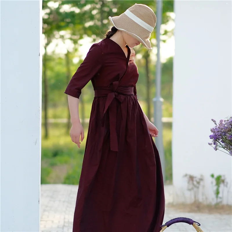 Origional Summer Cotton Linen Vintage Cotton V-neck Belt Small Loose Dress