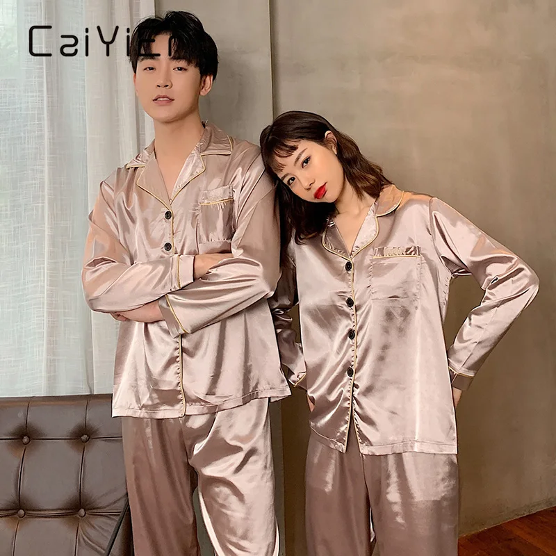

CAIYIER Couple Silk Satin Pajamas Set Soild Winter Long Sleeve Sleepwear Women Men Loungwear Loose Plus Size Fashion Homewear