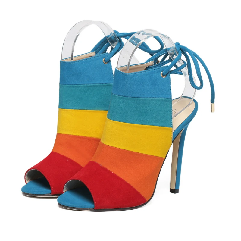 

Rainbow Color Sexy Peep Toe Woman Shoes High heel sandal Open Toe Summer Ankle Boots Lace Up ladies shoes and sandals chaussure