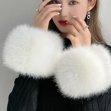 Winter Warm Women Arm Warmer Faux Fox Fur Soft Elastic Wrist Slap On Cuffs Arm Warmer Plush Thicken Accessories Gray White
