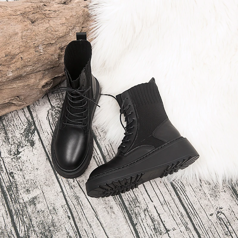 

Thick Bottom Quality Leather Martin Boots Women's Winter Knitting Boots Muffin Bottom Lace up Boots