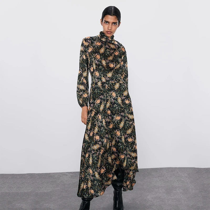 

2019 ZA New Print Dress for Women Long Sleeve Turtleneck Fashion Dress Irregular Hem Autumn and Winter Wild Comfortable Dress