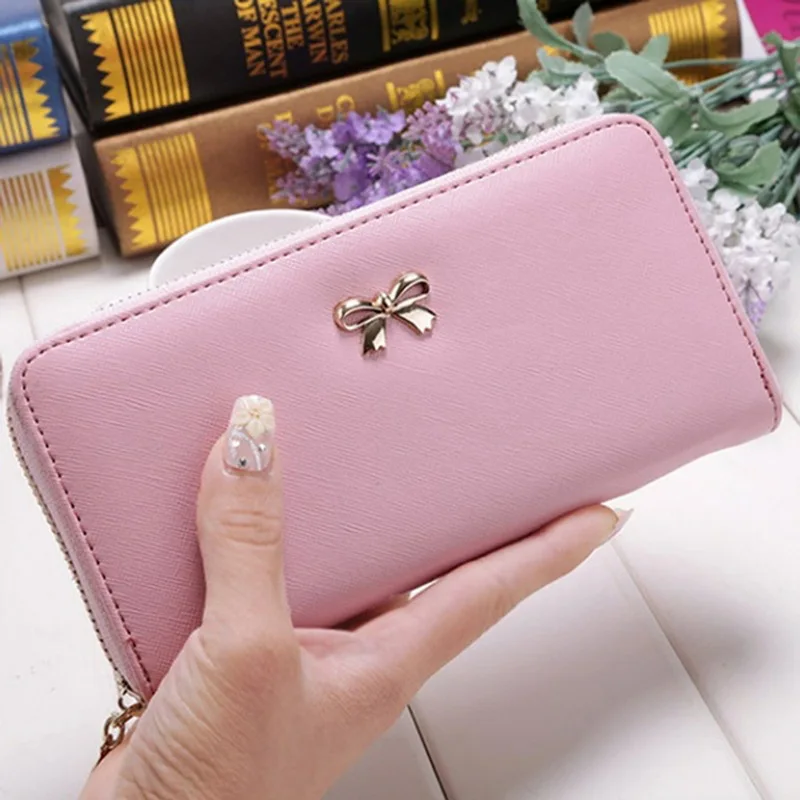 

Cards Holder Wallet Ladies Cute Bowknot Women Long Wallet Pure Bag 2019 New PU Leather Purse Phone Card Holder Bag