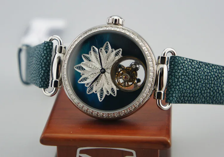 Женские часы Seagull tourbillon с серебряным перламутровым циферблатом, синий кожаный ремешок из вогнутой кожи, 719.18.8100L, ручной Ветер