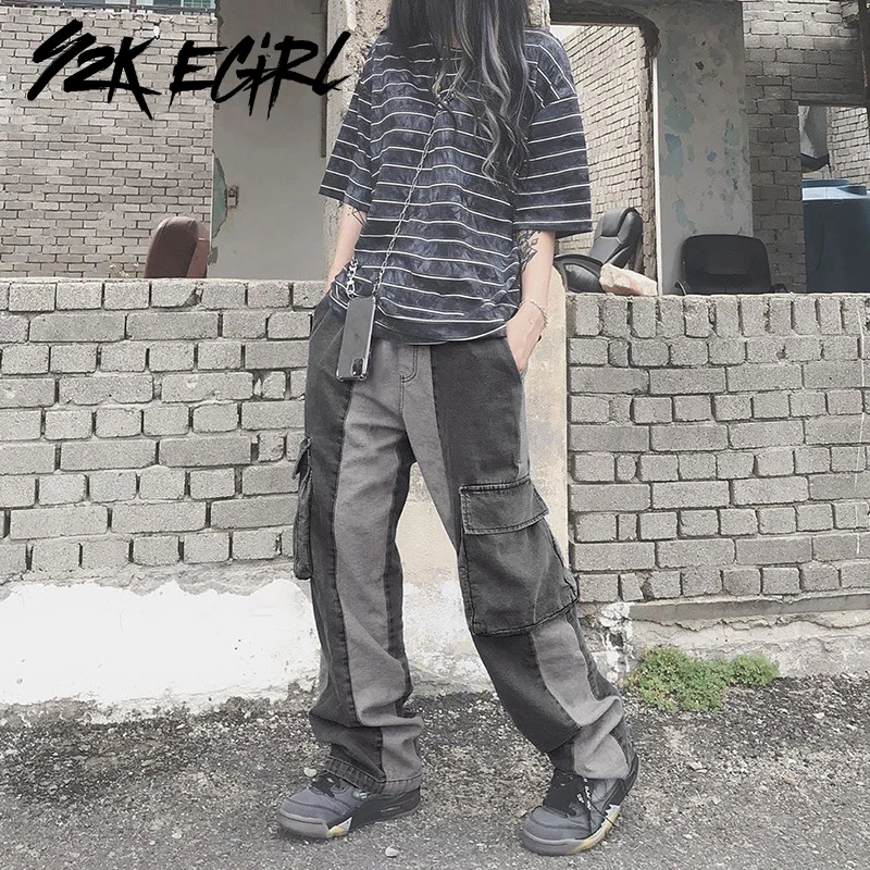 

Y2K EGIRL Vintage Stitch Patchwork Baggy Jeans with Pockets Grunge Aesthetics High Waist Long Pants Punk Demin Straight Trousers