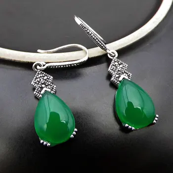 

FNJ 925 Silver Earrings for Women Jewelry 100% Original Pure S925 Silver Sterling Drop Earring MARCASITE Green Agate