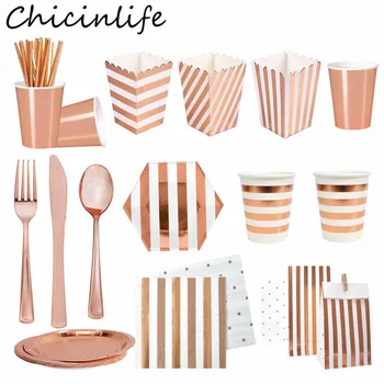 

Chicinlife Rosegold Paper Plates Cups Nakpins Tablecloth Popcorn Box Knife Fork Spoon Tableware Wedding Birthday Party Supplies