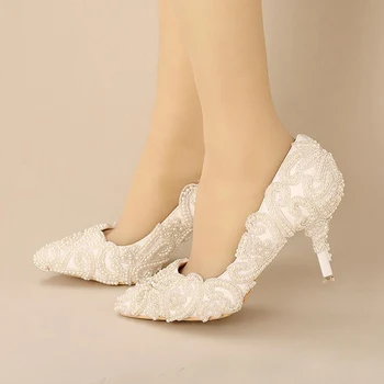 

White Pointed Toe White Heels Shoes Sweetness Pearl Beading Bridal Shoes 2016 New Designer Gorgeous Wedding Party Shoes