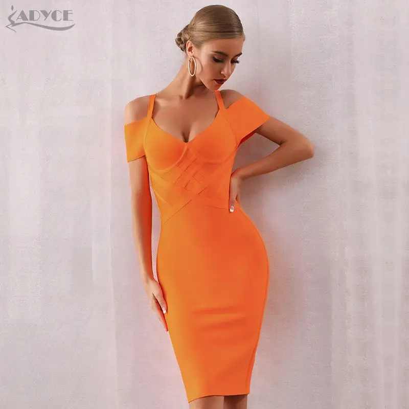 ADYCE летний Бандажное платье Для женщин Vestidos Verano сексуальный v-образный вырез с открытыми плечами знаменитости вечерние платье сексуальный клубный бодикон платье - Цвет: Orange