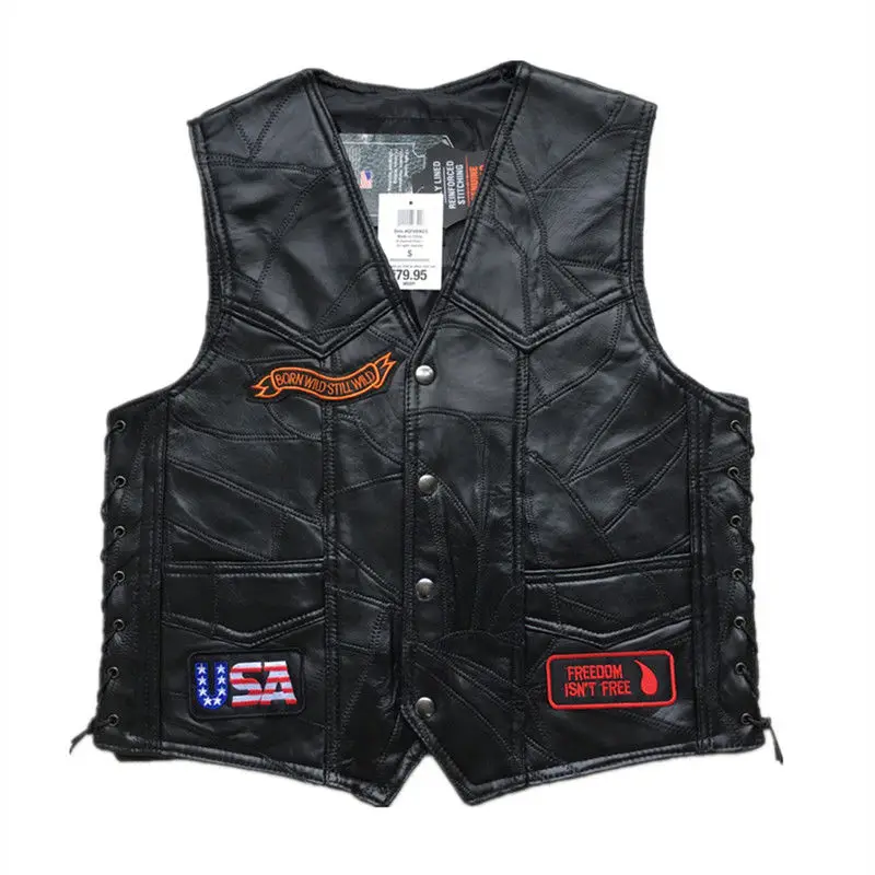 Motorcycle Leather Vest Men Motorcycle Casual Jacket Waistcoat with Punk Retro Classical Badges Motocross Equipment
