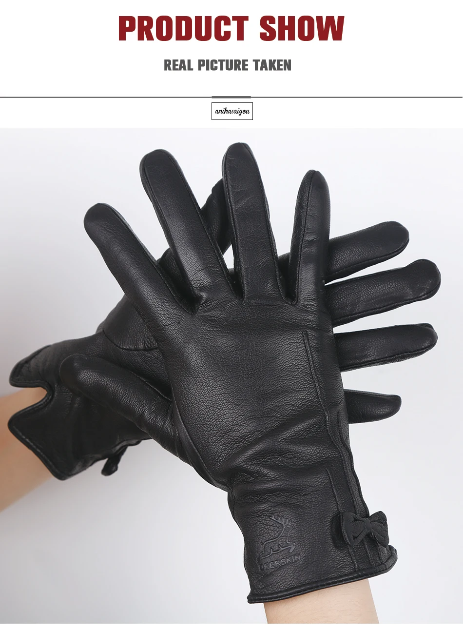 Высококачественные зимние кожаные перчатки, женские кожаные перчатки с украшением в виде маленькой бабочки, черные женские перчатки из овчины-1812