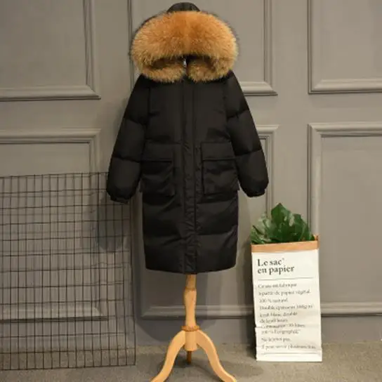 Black Brown Fur Зимняя женская белая куртка-пуховик на утином пуху, теплая Толстая длинная парка с капюшоном и большим воротником из натурального меха, верхняя одежда, свободное Женское пальто RH01058 - Цвет: Black Brown Fur
