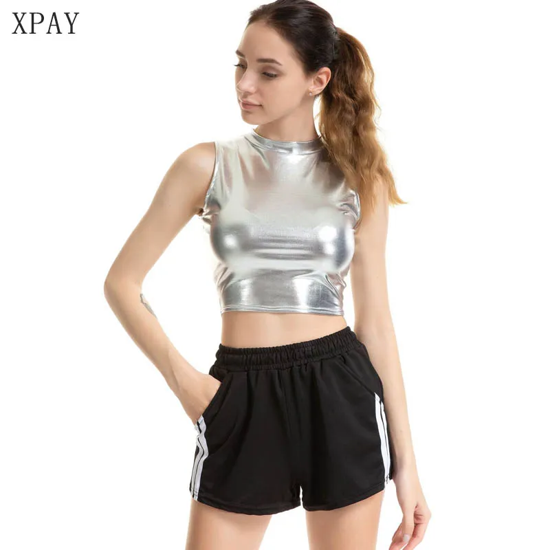 

2020 New Summer PU Leather Turtleneck Sleeveless Simple Temperament T-Shirt Women Tide All-Match Tee Shirt Female Cropper Tshirt