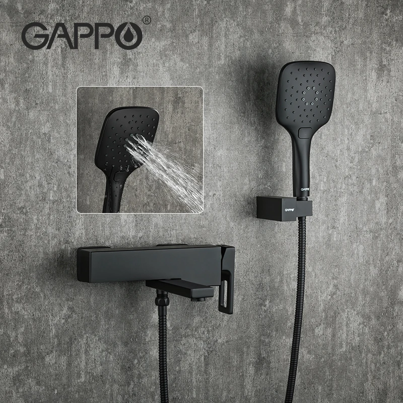 Настенный смеситель Gappo черный кран для ванны с дождевой насадкой крепление на