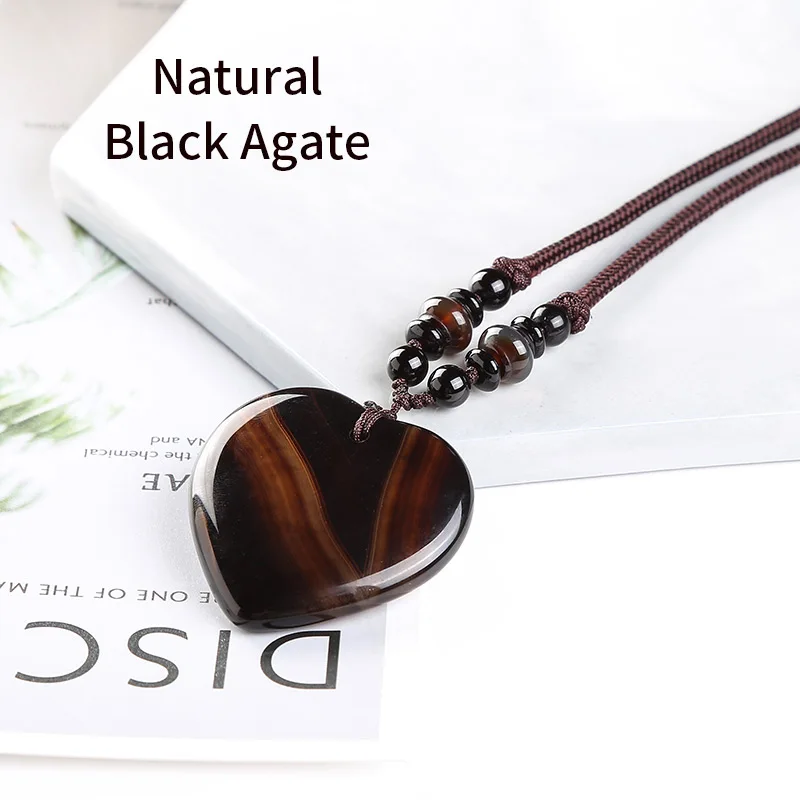 Black Agate JD длинный кулон из натурального камня в форме сердца Натуральный камень тигровый глаз/красная яшма кулон ожерелья 2" ювелирные изделия ручной работы - Окраска металла: Black Agate