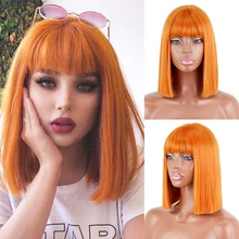 

Short straight orange wig with bangs synthetic fiber wig African American white female cosplay/party/daily wig
