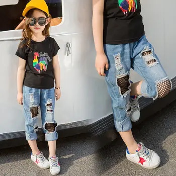 

Spring Autumn Children Denim Stretch Jeans Baby Pants with Mesh Inserts for Children Girls Kids Casual Ripped Pants Trousers
