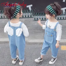 Детские милые джинсы на лямках, джинсовые штаны на лямках с задними крыльями для девочек, весенние детские свободные брюки с карманами, одежда