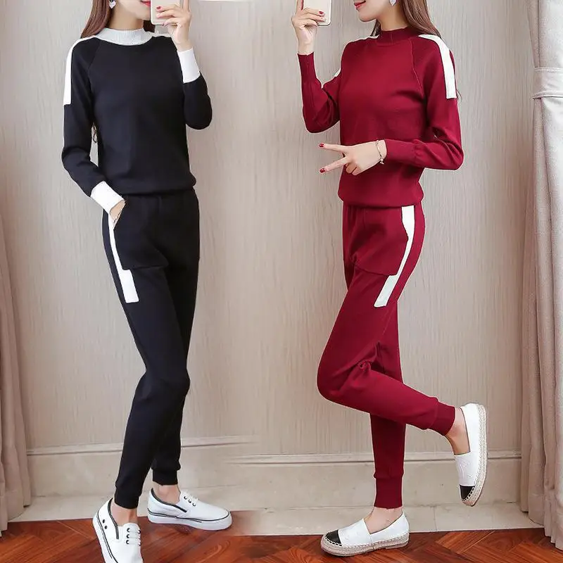 

2020 Sweater Two Piece Sets Women Autumn Knit Sweatshirt + Pant Suits Sportsuit Warm Pullovers Knitted Tracksuit Femme Outfits