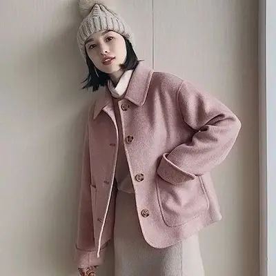 Женское Короткое шерстяное пальто новая мода осень зима Корейская куртка пальто из искусственной шерсти женские пальто повседневная шерстяная верхняя одежда больших размеров 3XL - Цвет: Pink