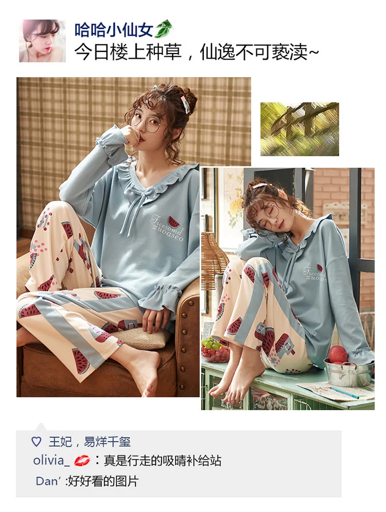 Женские пижамные комплекты, милая синяя Пижама, Костюм Пижама, женская рубашка с длинным рукавом+ штаны, 2 предмета, домашняя одежда для сна, пижама, домашняя одежда