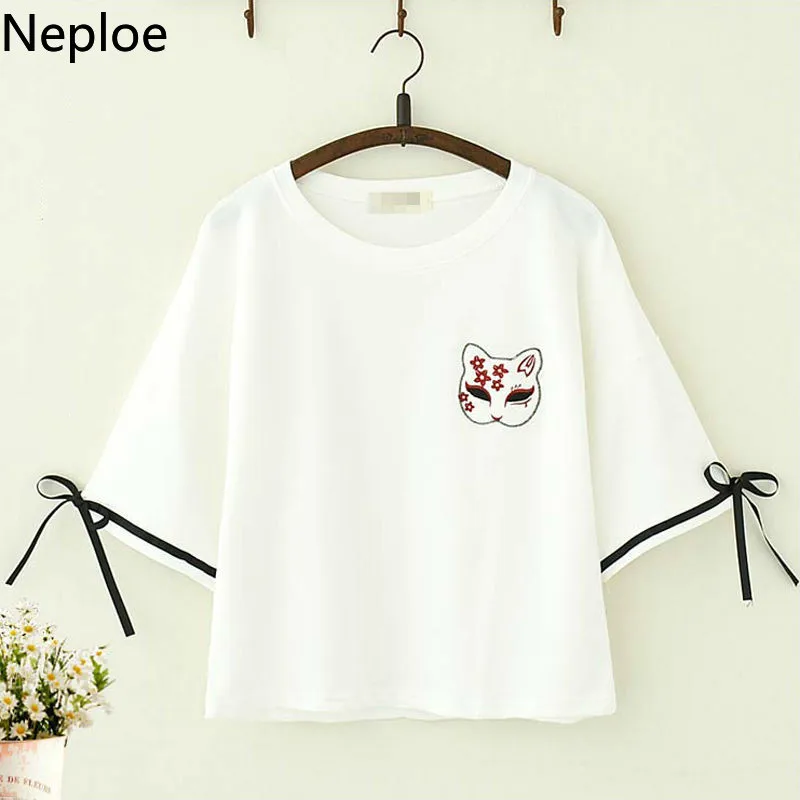 

Neploe Harajuku Cat Mask Embroidery T Shirt Summer Casual Loose Women Tshirt Japanese Kawaii Student T-shirts Black White Top