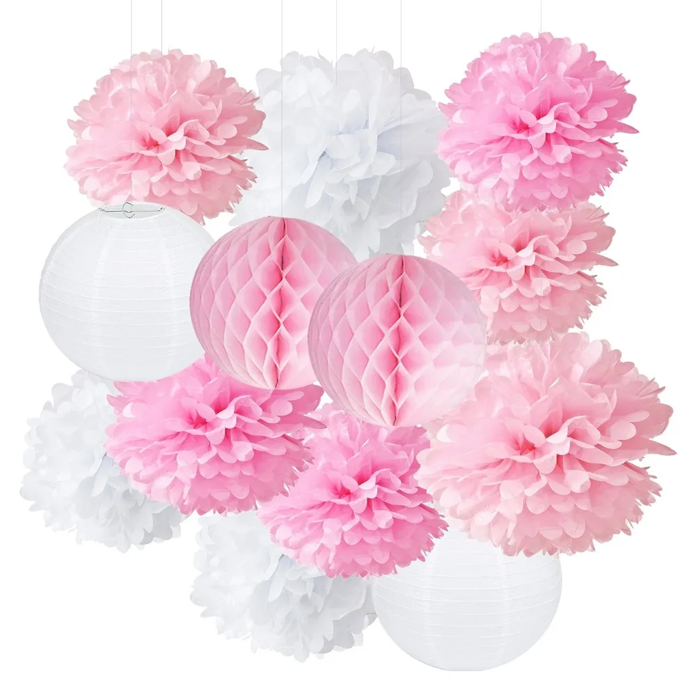 12 Pcs Pink Grey White Hanging Tissue Paper Pom Pom 10inch 8inch Paper Flowers Rose Hanging Decoration Balls Birthday Baby Shower Wedding Pom Poms Party Supplies Home Kitchen Tissue Pom Poms