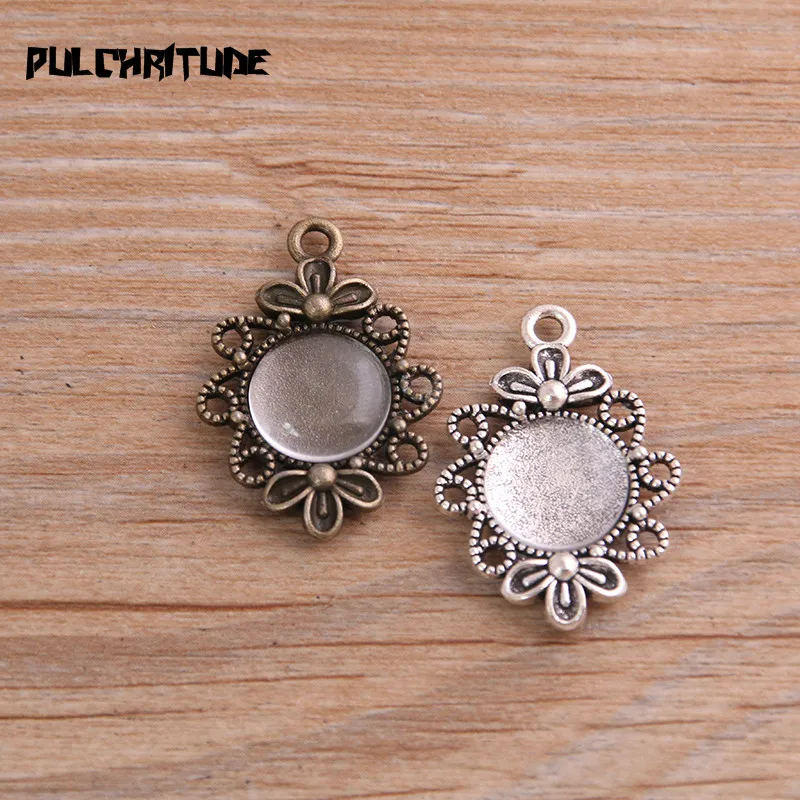 

PULCHRITUDE 8pcs 12mm Inner Size Two Color Metal Alloy Simple Round Flowers Cabochon Pendant Setting Jewelry Findings