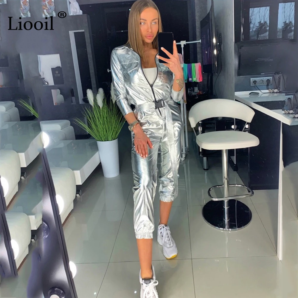 Liooil Sexy Jumpsuit Clubwear Silver Womens One Piece Outfits Fall Long Sleeve Party Zip Up Jumpsuits Long Rompers Overalls - Цвет: Серебристый