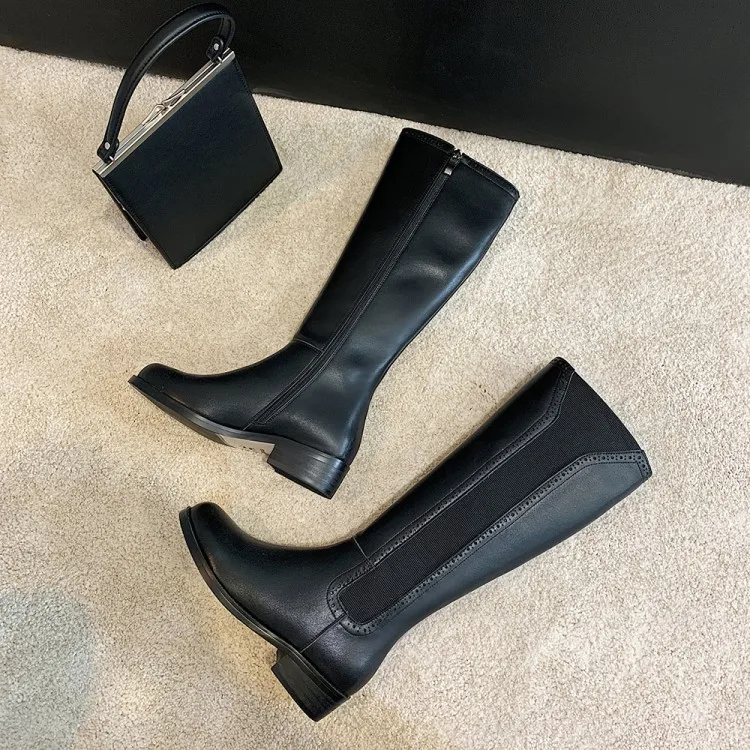 

British Knight Boots Women's New Thick Heeled Leather Metal Buckle Behind Zipper With High Boots Military Boots