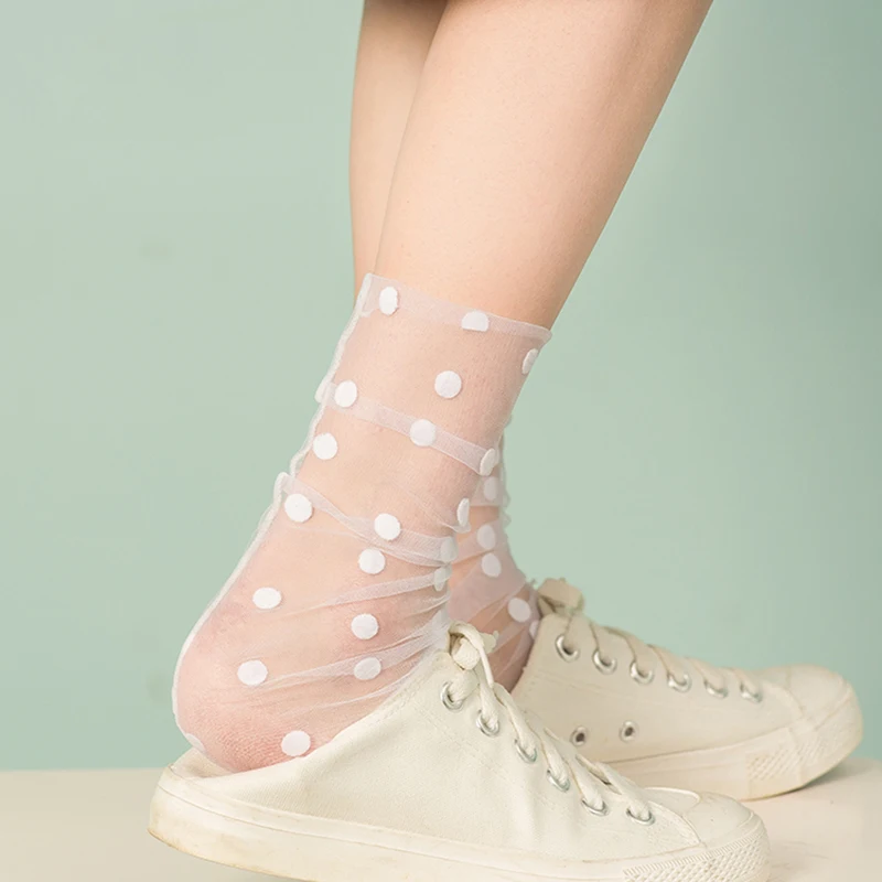 Корейские тюлевые носки в горошек Женские Прозрачные ультратонкие длинные носки женские шифоновые забавные носки уличная одежда по колено calcetines mujer
