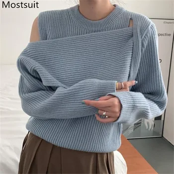 

Stylish Asymmetrical Fashion Sweater Pullover Women Shoulder Open Long Sleeve O-neck Jumpers Korean Female Tops Sweaters 2020