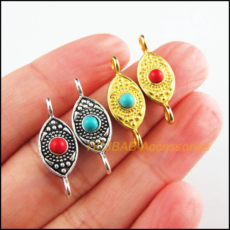 

20 New Oval Charms Tibetan Silver Tone Gold Color Red & Blue Stone Eyes Connectors 9x23.5mm