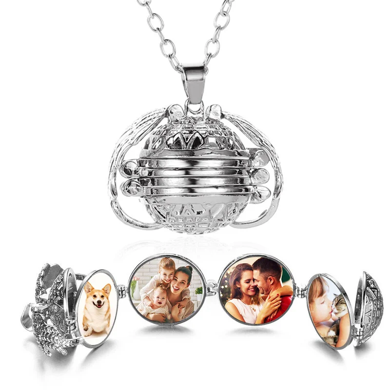 

Hot Sale 925 Silver Retro Multi-layer Angel Wings Photo Locket Charm Pendant Necklace For Women Men Family Jewelry Gift