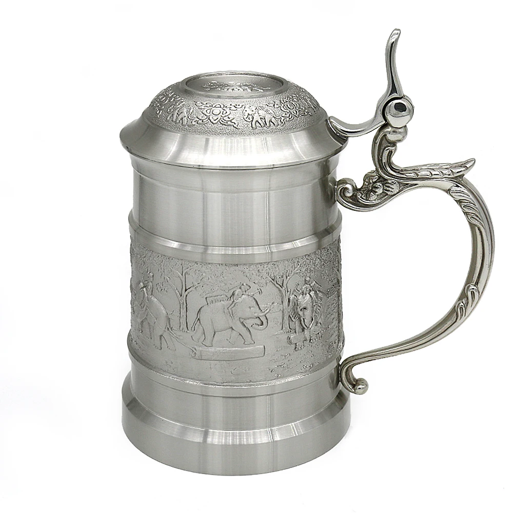 

Oriental Pewter - Pewter Mug (with Cover) Pure Tin 97% Lead-Free Pewter BJCM Hand Carved Beautiful Embossed Handmade in Thailand