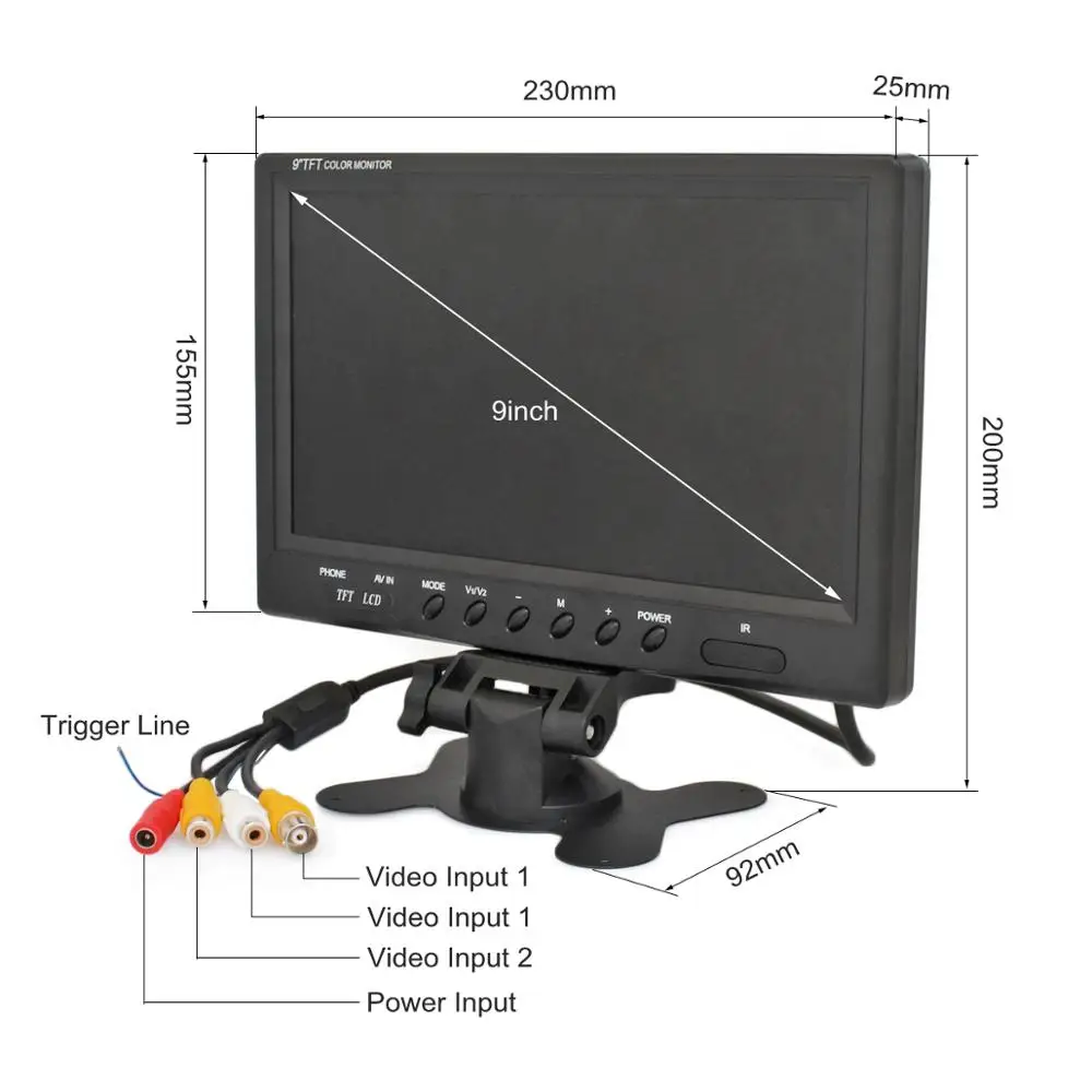 DIYKIT 9 inch TFT LCD Car Monitor Display Car Reverse Rear View Monitor Screen with BNC / AV Input Remote Control DVD VCR