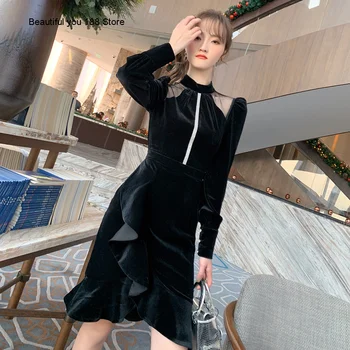 

evening Dress women's banquet dress 2020 Women's sexy mesh stitching slim flounced dress