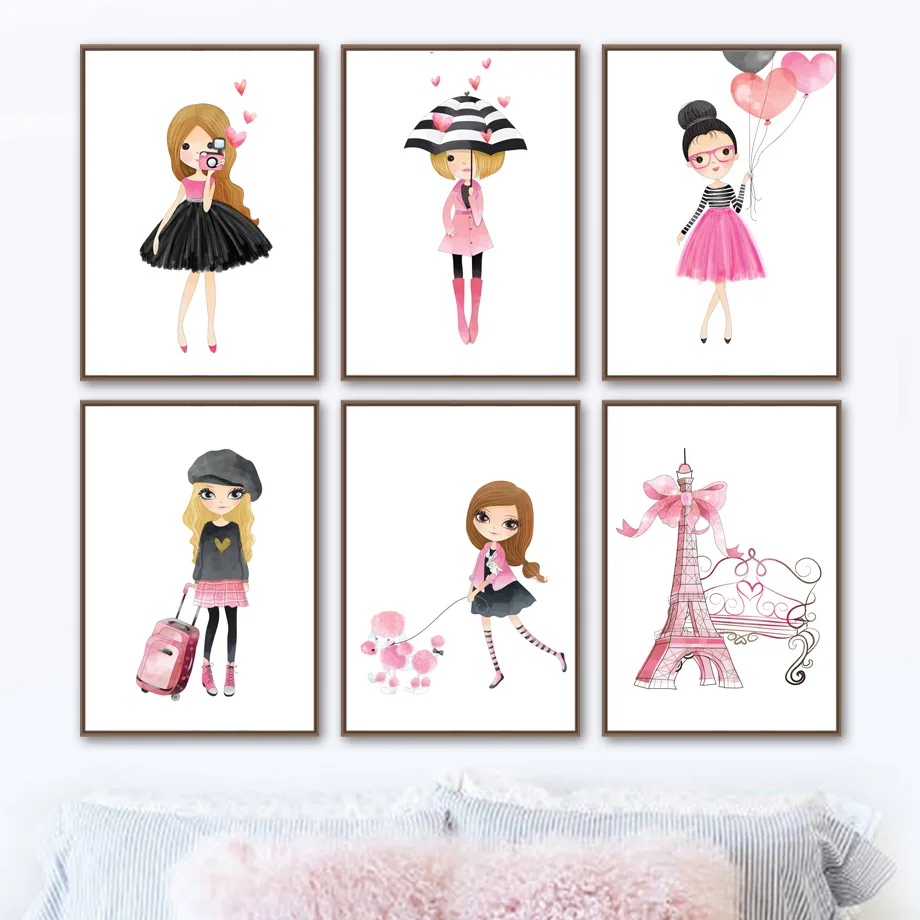 Мультфильм девушка шар Париж башня Путешествия стены искусства холст картина