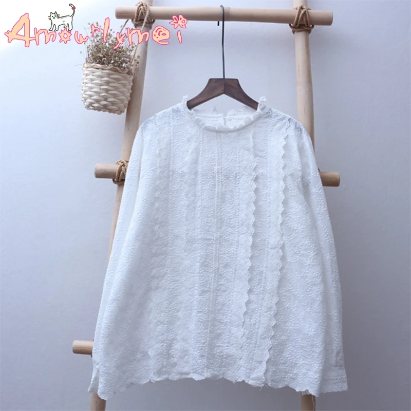 Blusas Femininas Лолита Милая Вышивка Кружева белая рубашка японский Мори девушка весна осень Женская хлопковая блузка Топы