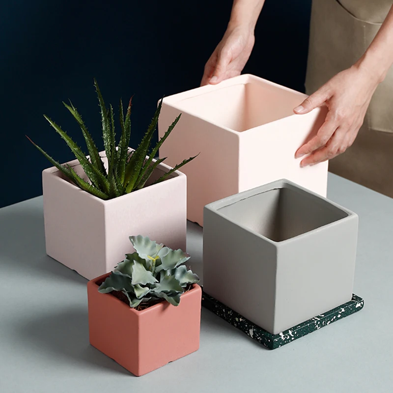 Nordic Industrial Style Colorful Ceramic Flower &amp Plant Pot Succulent Planter Green Cube Shape Flowerpot With Hole Matching Tray | Дом и